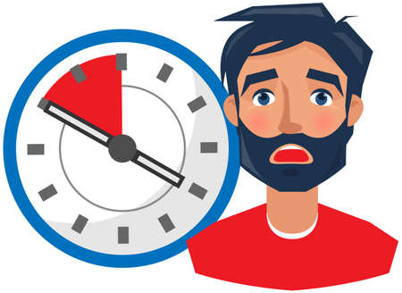 Time management concept. Upset man portrait near clock with red area. Scared guy before deadline. Man is afraid of late work. Shocked face expression of adult person. Clock as symbol of deadlineのイラスト素材