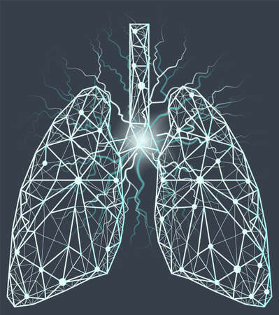 Anatomical human lungs with painful area. Innovative technology in medicine, disease diagnostics concept. Organ of human respiratory system. Poligonal depiction of bronchitis, pneumonia in lungのイラスト素材