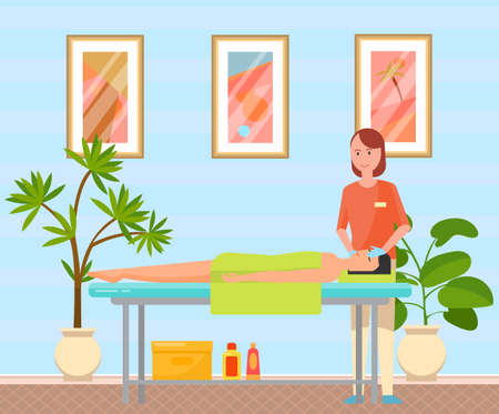 Masseur massaging face of female patient. Therapist gives massage to young woman lying on couch. Girl touches face of client and relaxes skin. Cosmetology procedures, healthcare in medical clinicのイラスト素材