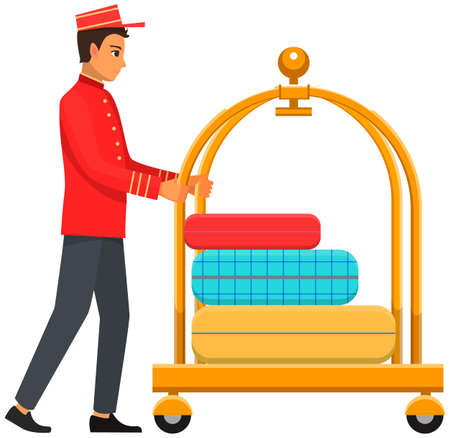Bellboy worker with hotel baggage trolley. Handtruck for transportation of luggage. Hotel employee in uniform during work. Young man working as doorman. Doorkeeper, receptionist, porter illustrationのイラスト素材