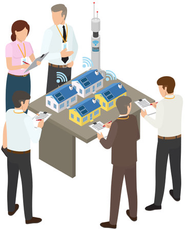 Eco friendly smart home energy saving technology presentation at conference promotion meeting. Renewable sustainable village building prototype with smart home methods. Man talking to audience sessionのイラスト素材
