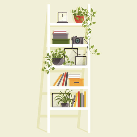 Bookshelves with colorful objects. Cartoon design style bookshelves with different potted plants boxes and books. home library on wall. Hanging shelf with decorations. Office or home furnitureのイラスト素材