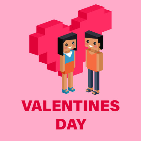 Valentine day concept. Red pixel heart flower with sweet couple on honeymoon vacation summer holidays romance. Love isometric concept. Happy Valentine's Day. Love, honesty, romantic, relationshipのイラスト素材