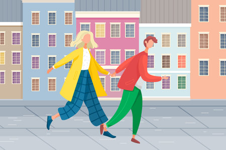 Young man and woman friends or couple meeting together, people walking down city street. Happy persons cartoon characters holding hands, having date in cityscape. Friendship, relationship, acceptanceのイラスト素材
