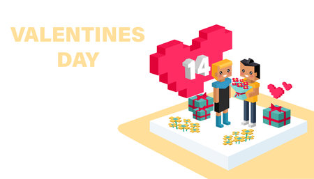 Valentine day concept. Red pixel heart flower with sweet couple on honeymoon vacation summer holidays romance. Love isometric concept. Happy Valentines Day 14. Love, honesty, romantic, relationshipのイラスト素材