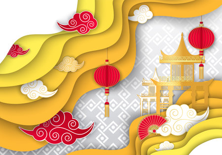 Paper cut design in Chinese style. Background of Chinese elements, zodiac sign, Chinese New Year elements. Template banner, poster, greeting cards. Red elements in China styleのイラスト素材