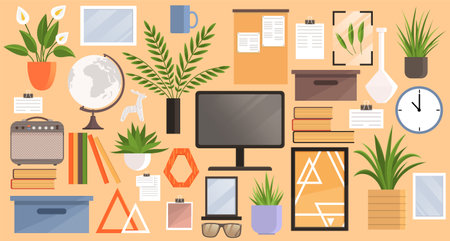 Seamless pattern, set of various items for interior design of living room, office, apartment furnishings. Design of modern home office workplace. Creative office workspace equipment for room interiorのイラスト素材