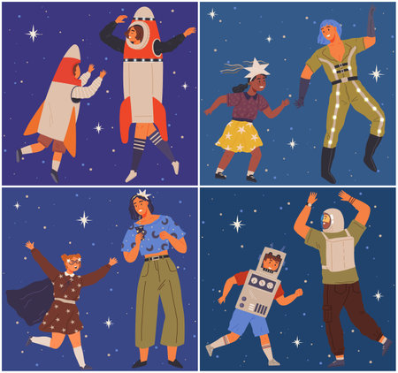 Animators at birthday party in cosmic style. Theme party in costumes. Dancing people in costumes have fun at space party. Characters in self made outfits surrounded by cosmic bodies, space discoのイラスト素材