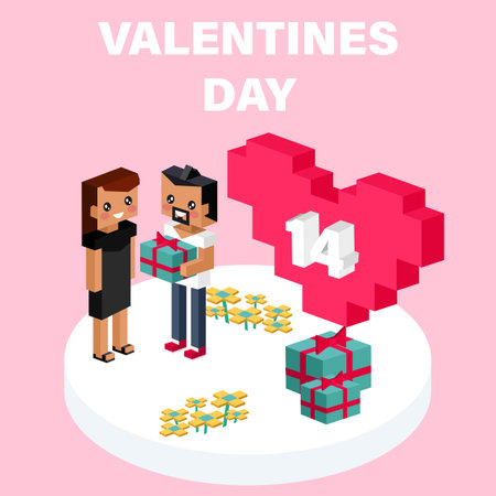 Valentine day concept. Red pixel heart flower with sweet couple on honeymoon vacation summer holidays romance. Love isometric concept. Happy Valentines Day 14. Love, honesty, romantic, relationshipのイラスト素材