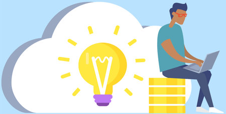 Man creates idea of new project, planning startup. Businessman works with computer, makes money,...