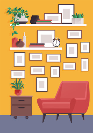 Interior design living room. Furniture in regular home with no people. Plants, chair, chest of drawers, shelf on wall and interior elements. Armchair red fabric. Hanging lamp, window on green wallのイラスト素材