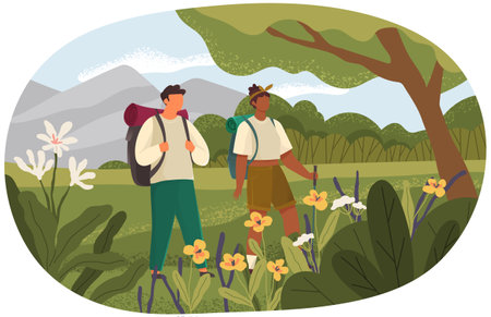 Couple travelers with backpacks and hiking stick walking together. Outdoor travelling and nature camping. Tourists on trip stand on green lawn. Tracking through mountains and trails, adventure timeのイラスト素材