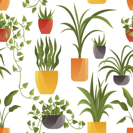 Plant in pot seamless pattern flowerpots set. Cartoon flat different indoor potted decorative houseplants for interior home or office decoration, green garden floral collection isolated on whiteのイラスト素材