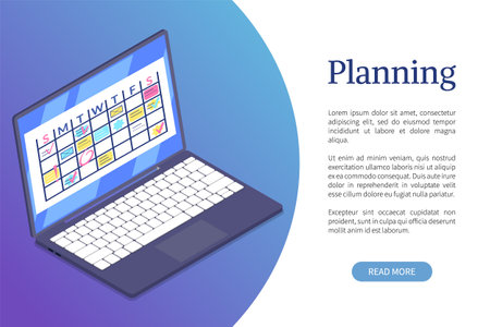 Business app for planning schedule. Time management, tasks scheduling, work with calendar, reminder. Save time and money concept. Weekly plan or timetable on laptop vector landing page templateのイラスト素材