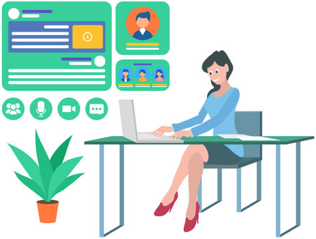 Working with social media technology, user profile. Woman browsing networks, chatting using computer. Social network web site surfing. Designer, developer using profile web interface, online communityのイラスト素材