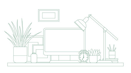 Modern home office interior line art. Remote workplace with desk, chair, computer and potted plants. Front view of empty working place with furniture. Workspace, freelance or studying conceptのイラスト素材