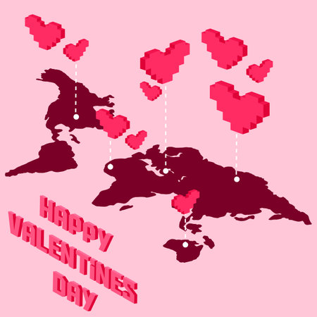 Postcard, love message or Happy Valentines Day banner pixel art with red hearts on pink background. Greeting Card to lovers for world holiday. Falling in Love. Modern vector art heart pixelated designのイラスト素材