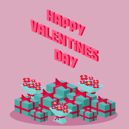 Happy Valentine day pixelated vector banner. Gifts for boyfriend and bouquet for girlfriend wife and husband. Love isometric concept wallpaper, card. 14 february. Love, honesty, romantic, relationshipのイラスト素材