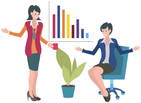 Communicating office workers or friends spend time together during break. Women standing and talking. Colleagues business people discussing work. Partners, company employee, characters have discussionのイラスト素材