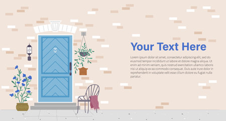 Facade door house exterior entrance. Front view from street. Closed home entry exterior with potted flower plants, lamp, number plate. Doorway facade. Entries to apartments with green decorationのイラスト素材