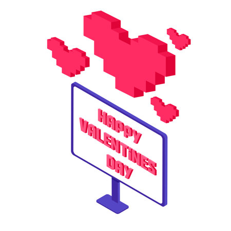 Pixel art computer and love message. Online love communication using laptop, digital device. Valentines day email. Sending love text using digital internet technologies. Sympathy and feelingsのイラスト素材