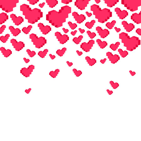 Postcard, love message or Happy Valentines Day banner pixel art with pink hearts rain falls down. Greeting Card to lovers for holiday. Falling in Love. Modern vector art heart pixelated designのイラスト素材