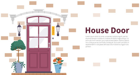 Facade door house exterior entrance. Front view from street. Closed home entry exterior with potted flower plants, lamp, number plate. Doorway facade. Entries to apartments with green decorationのイラスト素材