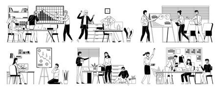 Office meeting scenes set in line art style. Businessmen at appointment, workers talking to each other and brainstorming, communicating business people. Group of working employees analyze statisticsのイラスト素材
