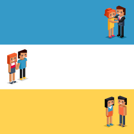 Pixel art couple in love staying together, vector illustration isolated pixelated people, man and woman lovers. Young loving romantic couple in relationship, romance, happy husband and wife setのイラスト素材