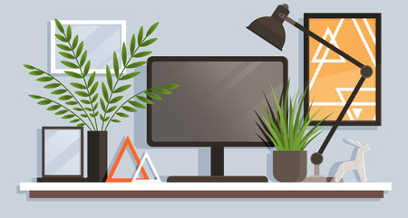 Workspace. Online or home job workplace. Work place room, modern interior, cabinet. Work at home. Office with computer and various decorative items books and plants. Desktop computer monitorのイラスト素材
