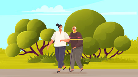Young woman walks with grandpa in city park summer time. Elderly people walking, Social worker helping senior elder man. Grandfather and daughter or granddaughter, volunteer with old person pensionerのイラスト素材