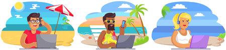 Set of characters using laptop on ocean beach shore. Business people tourist working during summer vacation. Multitasking, owerworking and freelance concept. Freelancer with computer at sea resortのイラスト素材
