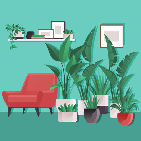 Interior design living room. Furniture in regular home with no people. Plants, chair, shelf on wall and interior elements. Armchair red fabric. Hanging bookshelf with pictures in frames on green wallのイラスト素材