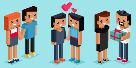 Pixel art couple in love staying together, vector illustration isolated pixelated people, man and woman lovers. Young loving romantic couple in relationship, romance, happy husband and wife setのイラスト素材