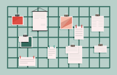 Memo grid board, wall organization with blank paper sheets for messages and notes pinned with clips. Modern office decor, workplace organizer, text notes reminders message important announcementのイラスト素材