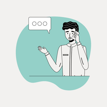 Young man standing and talking on smartphone, businessman speaking using his mobile phone with speech bubble. Successful happy manager talking on cell phone. Modern communication with gadgetのイラスト素材