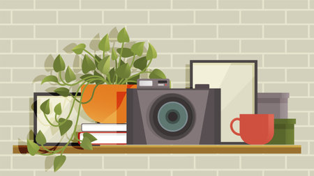 Wall shelf with home plant in pot, camera, cup, books and box, houseplant, pictures and other decor. Room furniture with interior items. Wooden shelf with decorations. Office or home furnishingsのイラスト素材