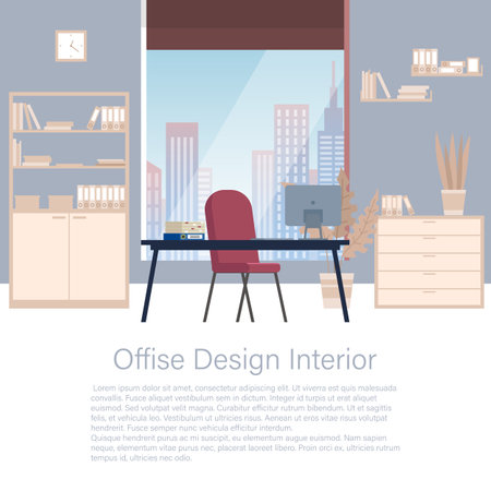 Design of modern empty office working place front view desk, chair, computer, bookcase, panoramic window. Reception or boss room interior. Workplace of employees, open office, comfortable cabinetのイラスト素材