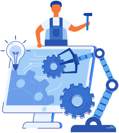 Automation business process with specialist engineer. Company strategy. Work organization. Project management, software development. Automated system concept with computer that builds robot armsのイラスト素材