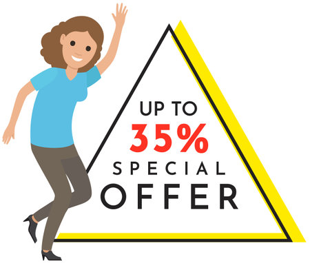 Sale banner with woman dancing near advertising poster. Shopping time promotional style. Lady rejoices in discounts and exclusive offer in store. Female character in dance to sale advertisementのイラスト素材