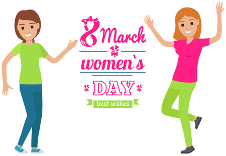 Banner for International Womens Day. Flyer for March 8 with decor and different fonts. Pattern of spring holiday. Girls dancing and enjoying holiday. Happy women on March 8 vector illustrationのイラスト素材