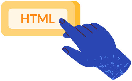 Programmer, html button icon. Programming or coding, digital technology. Working with website creation. Web developer points to block with text HTML. Symbol of programming language for websiteのイラスト素材