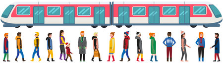 People in different clothes and subway train. Passengers going to underground public transport. Men and women under train. Characters and vehicle vector illustration. Transporting on subway conceptのイラスト素材