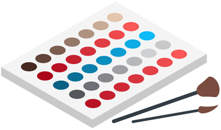 Eyeshadow palette and application brushes. Decorative cosmetics for eye makeup. Colored refills, eyeshadow palette of different shades. Make-up creation, work with eye cosmetics and tools conceptのイラスト素材