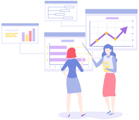 Women analysing diagrams, brainstorming. Marketing research results presentation. Colleagues discuss statistical indicators, business statistics. Female employees work with financial data analysisのイラスト素材