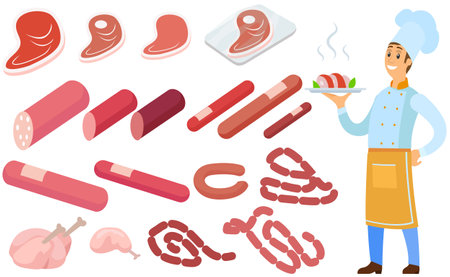 Man holds plate with ready-made meal. Kitchener serving dish from chef, food at cafe. Male character with hot steak on plate near different types of meat, sausages, smoked chicken, beef, porkのイラスト素材