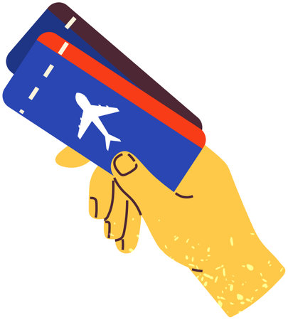 Boarding pass for admission to plane. Person holding tickets for flight on airplane. Air ticket with information about airline in human hand vectr illustration. Passenger before travel, vacation tripのイラスト素材