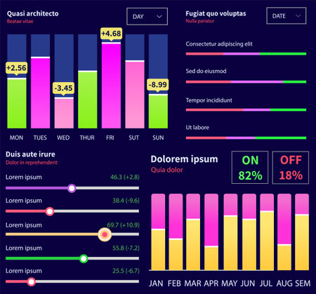 Infographic chart vector template. Annual statistics curve graph design. Market data diagrams. Graphic information visualization and analysis. Statistical indicators and frequency of data changesのイラスト素材