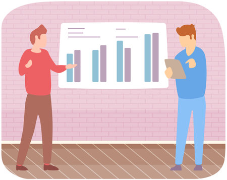 Manager makes presentation of statistical report analysis charts. Planning business. Teamwork consulting for project management, financial reporting and strategy. Data analysis research statisticsのイラスト素材