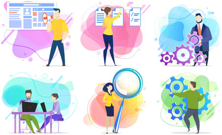 People dealing with website development, maintenance, advertising. Employees work in marketing, promotion, technical support. Creation of business strategy, financial plan, webpage design conceptのイラスト素材
